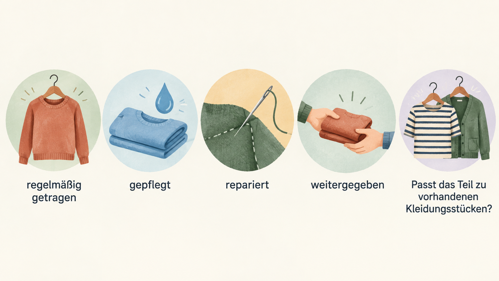 Eine horizontale Reihe aus vier Icons veranschaulicht die im Abschnitt genannten Schritte der späteren Nutzung: „regelmäßig tragen“, „pflegen“, „reparieren“ und „weitergeben“.