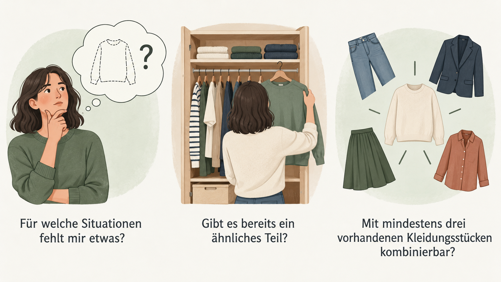 Eine nummerierte Checkliste veranschaulicht fünf im Abschnitt genannte Bedarfspunkte: fehlende Situationen, ähnliche vorhandene Teile, Kombinierbarkeit mit mindestens drei