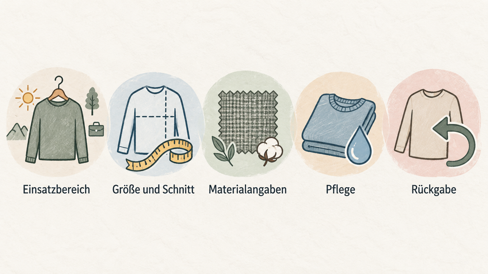 Eine nummerierte Checkliste mit vier Punkten aus der beschriebenen Reihenfolge: Einsatzbereich; Größe und Schnitt; Materialangaben und Pflege; Rückgabe und offene Fragen.