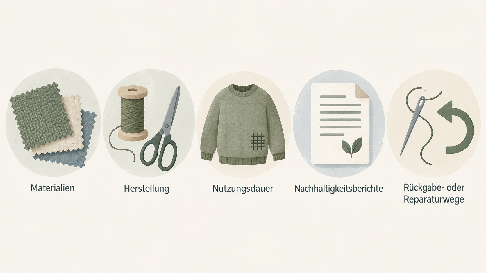 Eine nummerierte Checkliste mit den vier im Abschnitt genannten Punkten zeigen: „Eigenen Bedarf definieren“, „Reparatur prüfen“, „Secondhand finden“ und „Für einen Anlass mieten“.