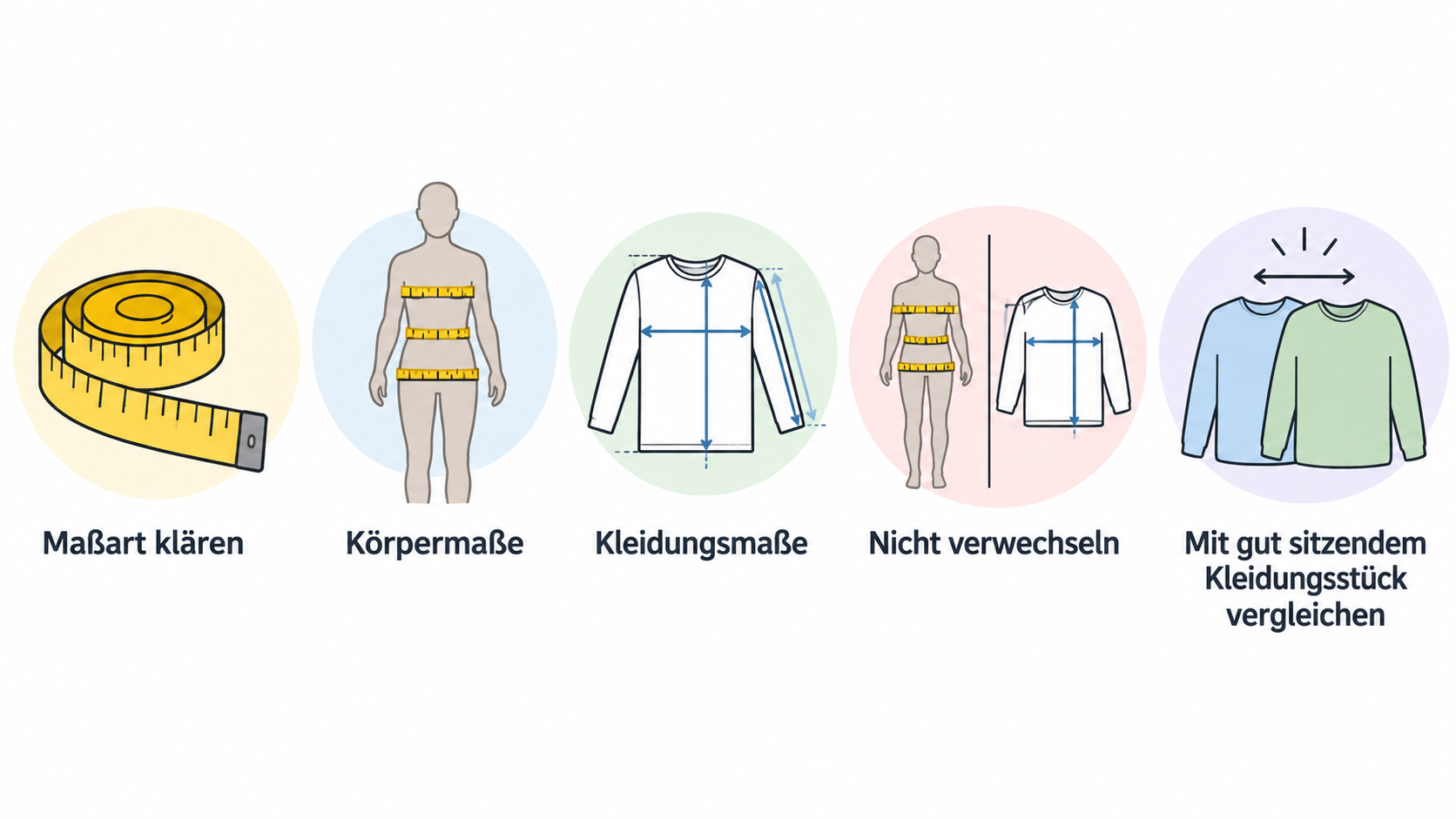 Eine nummerierte Checkliste mit fünf Schritten aus der beschriebenen Methode: ein gut sitzendes Teil mit ähnlicher Funktion wählen; flach hinlegen und relevante Punkte messen;