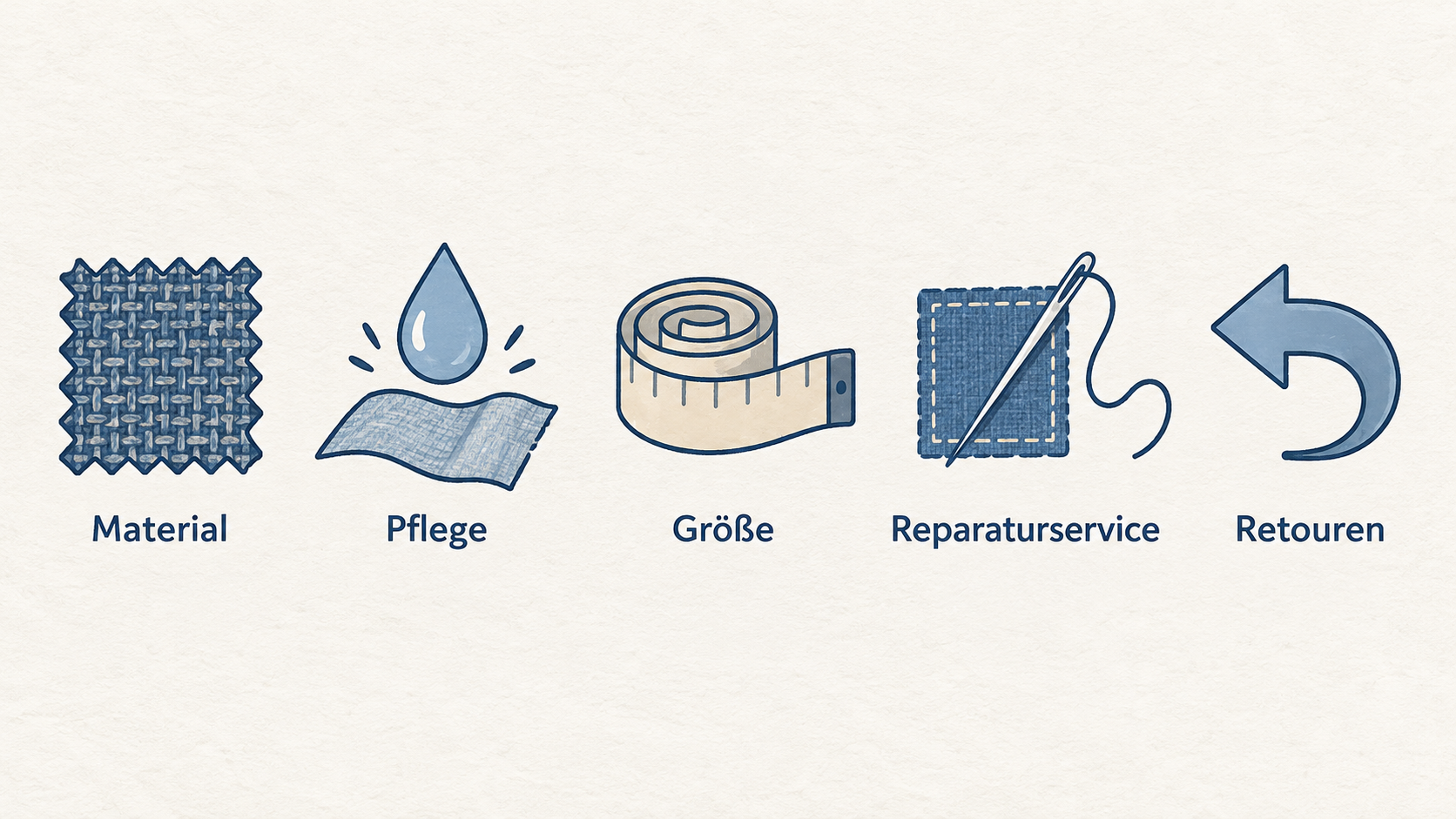 Eine einzelne Reihe aus fünf Icons mit den kurzen Beschriftungen „Material“, „Pflege“, „Größe“, „Reparaturservice“ und „Retouren“ zeigen, den im Abschnitt genannten
