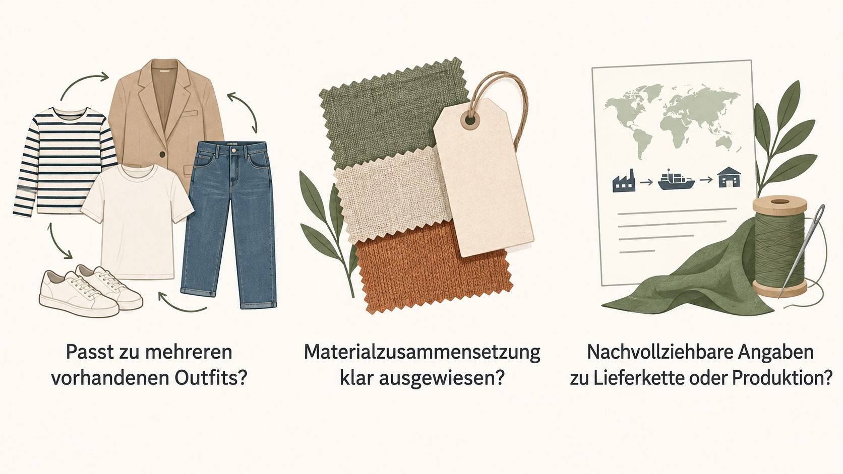 Eine einzelne Reihe aus fünf Icons mit den im Abschnitt genannten Auswahlkriterien zeigen: „Outfit-Passung“, „Materialzusammensetzung“, „LieferketteProduktion“, „Pflege und lange