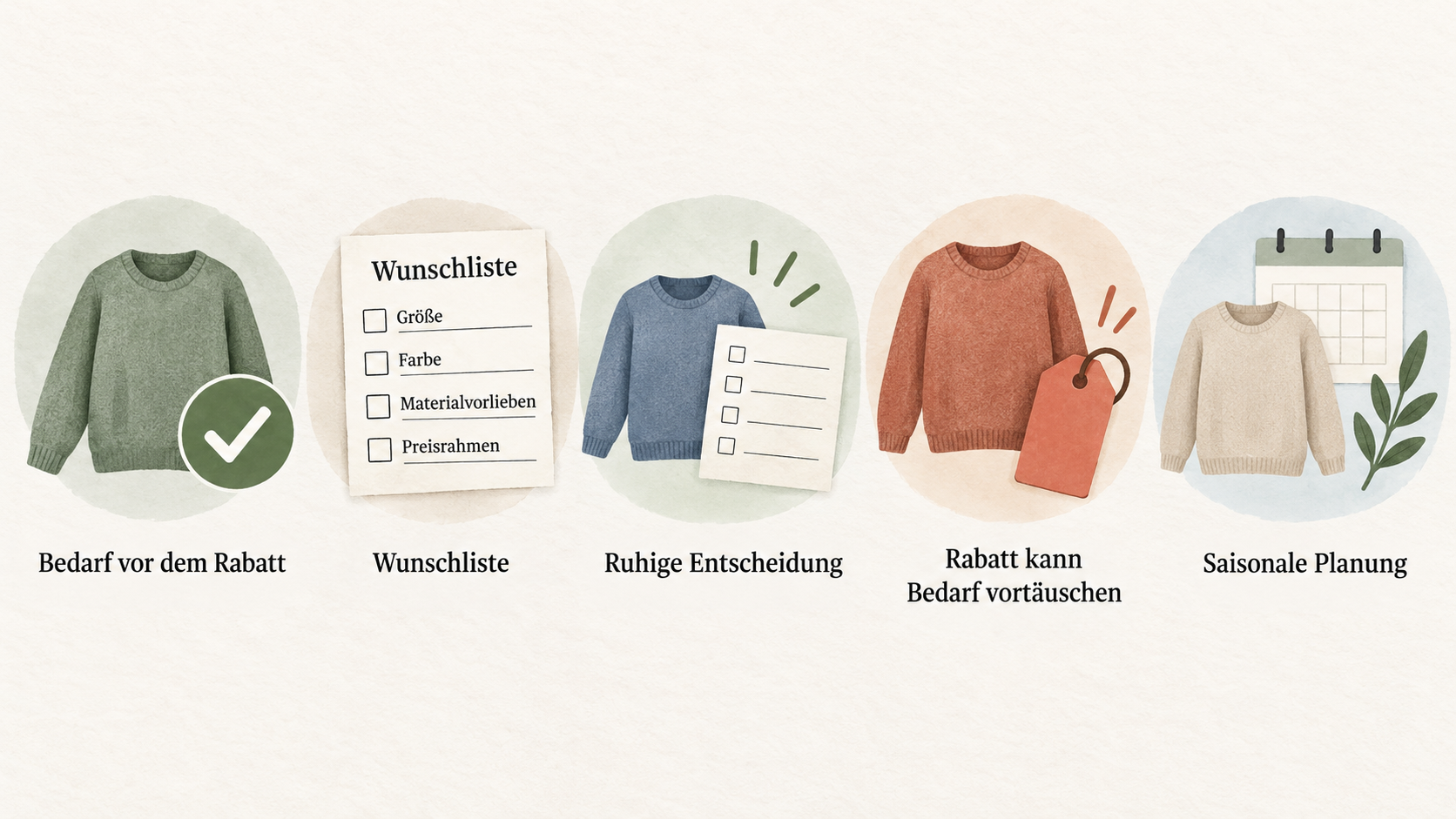 Eine nummerierte Checkliste zeigt vier im Abschnitt genannte Schritte: Bedarf vor dem Rabatt festhalten, eine Wunschliste anlegen, saisonale Lücken frühzeitig vergleichen und