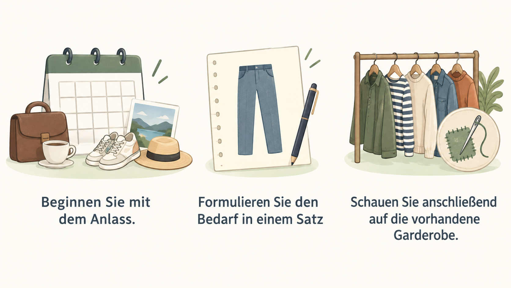 Eine nummerierte Checkliste zeigt vier im Abschnitt genannte Prüfschritte: „Anlass bestimmen“, „Bedarf in einem Satz formulieren“, „Vorhandene Garderobe prüfen“ und „Drei konkrete
