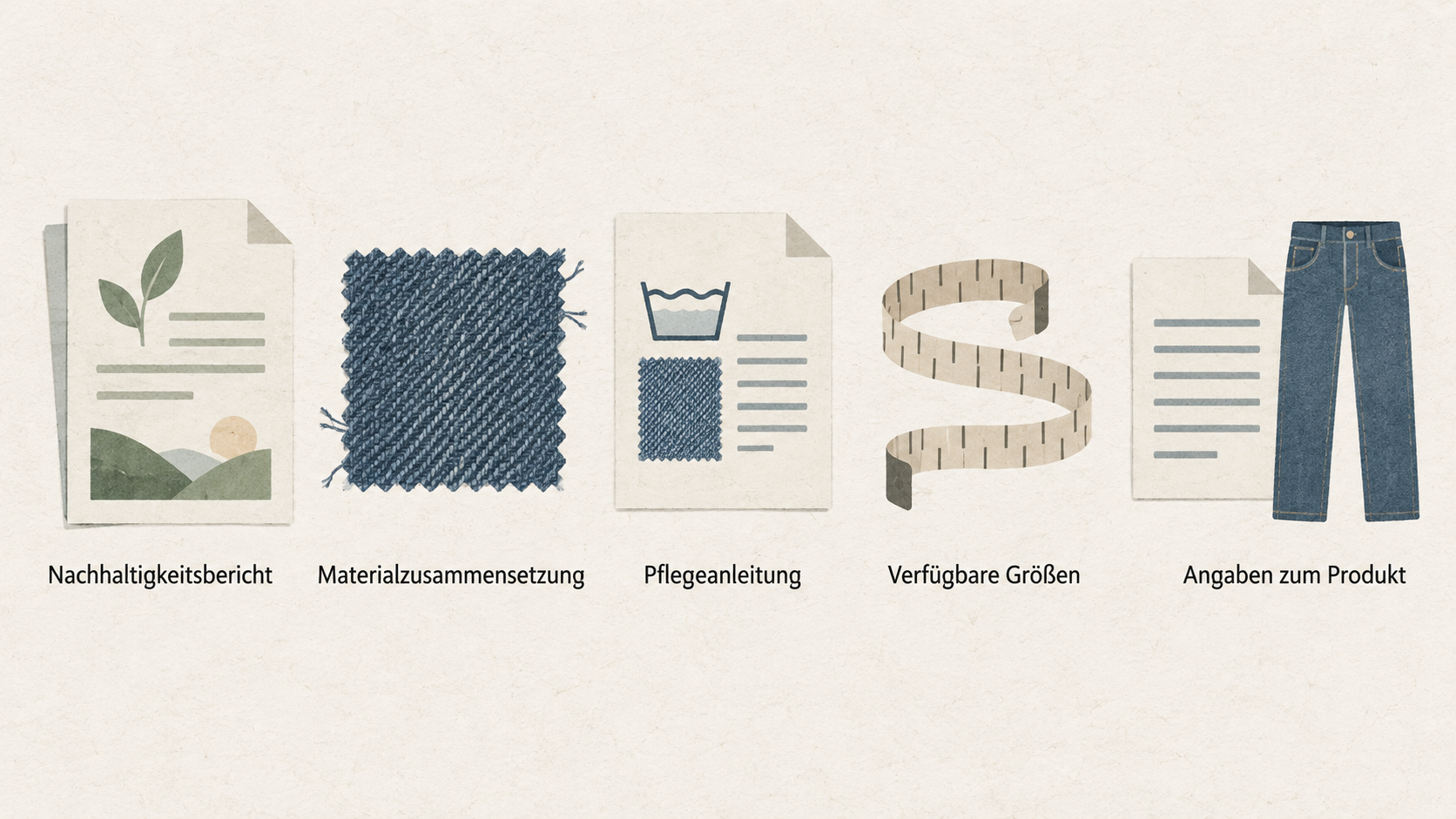 Eine einzelne Reihe aus vier Icons mit den im Abschnitt genannten Prüfpunkten zeigen: „Bericht: Materialien, Produktion, Produkte“, „Produktseite: Material, Pflege, Größen“,