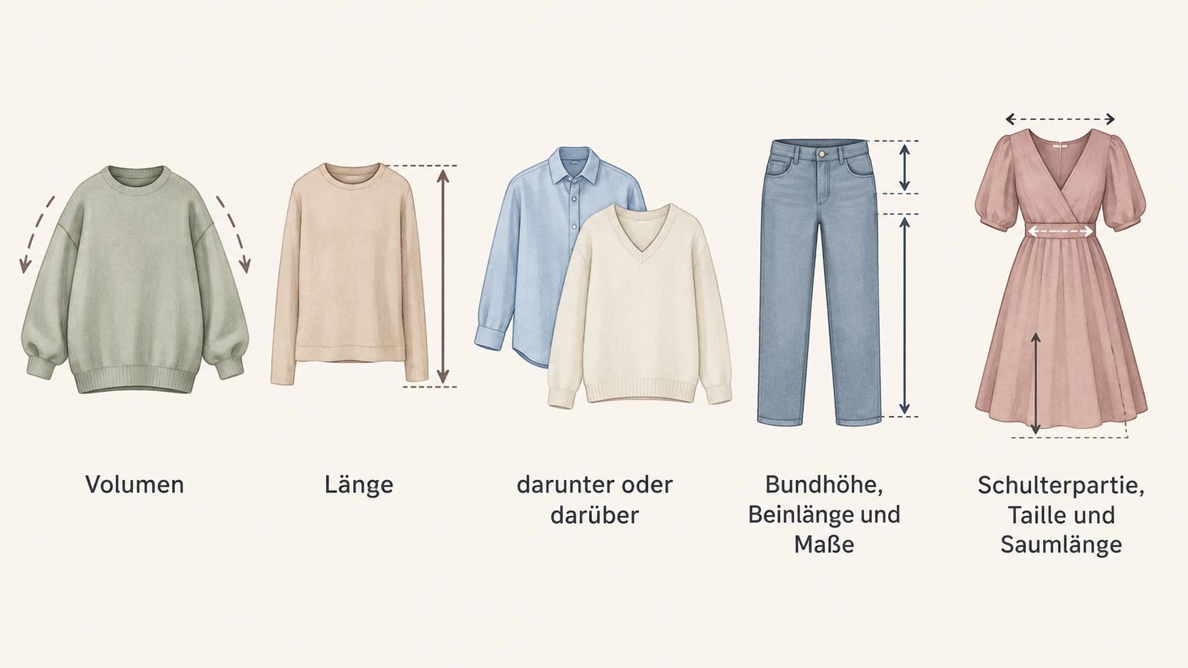 Eine nummerierte Checkliste mit fünf Punkten aus dem Abschnitt: Volumenbedarf und gewünschte Länge klären; Kleidung darunter oder darüber mitdenken; eine vertraute Silhouette