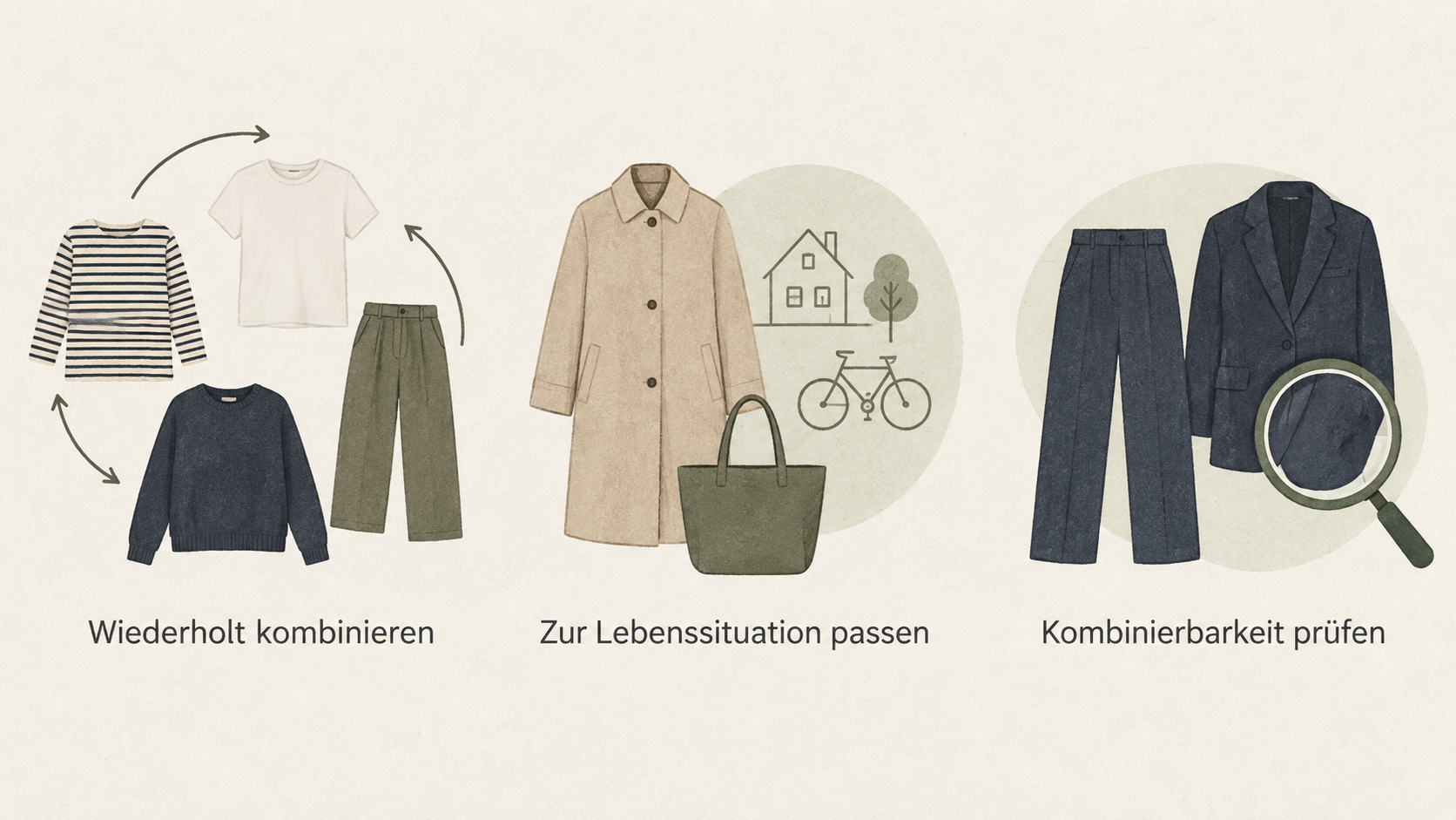 One row of three icons with the labels „Schnitt zu vorhandenen Teilen“, „Material klar ausgewiesen“ and „oft genug tragen“.
