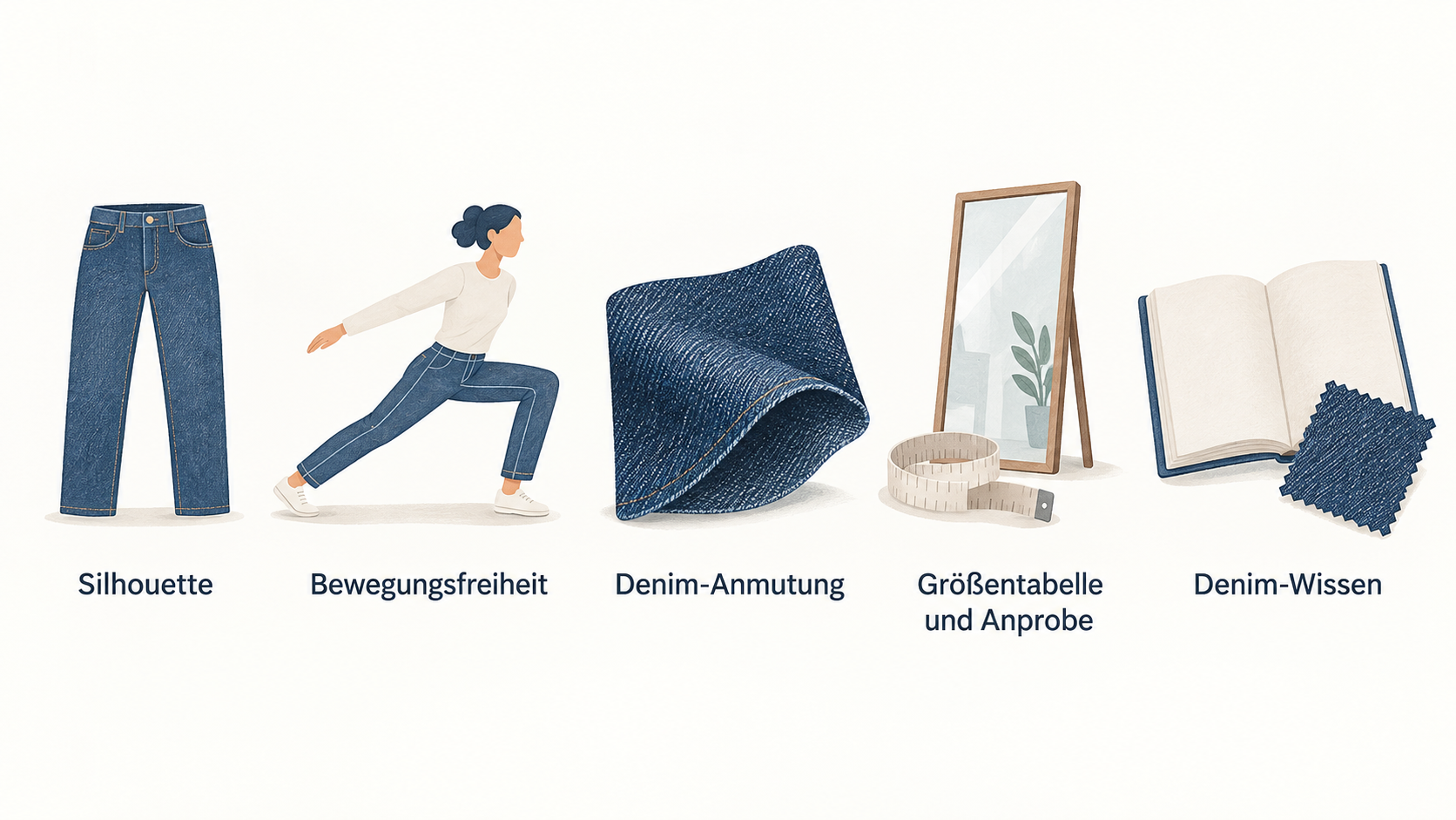 Eine einzelne nummerierte Checkliste mit vier Punkten: „Passform und Modellmaße“, „Pflegehinweise für Dry Denim oder schwarzen Denim“, „Einlaufen, Abfärben und Waschintervall“
