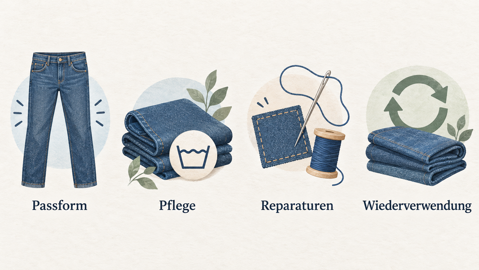 Denim von Nudie Jeans und die im Artikel behandelten Themen Passform, Pflege und Reparatur visuell einführen, ohne ein bestimmtes Modell oder seine Eigenschaften zu bewerten.